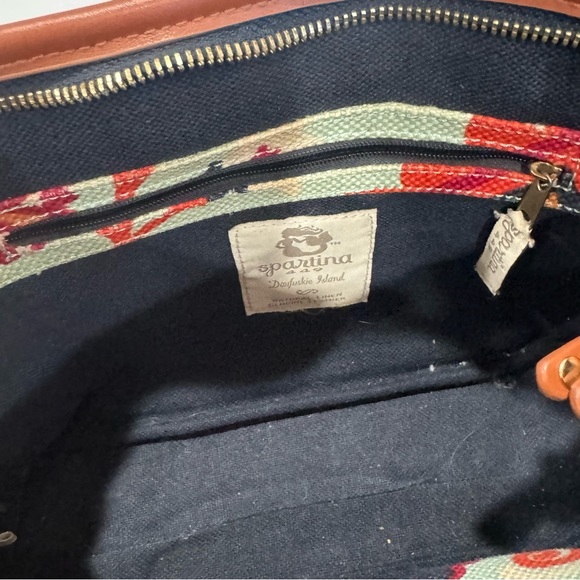 SPARTINA 449 tan leather linen in gorgeous light blue print purse bag - Picture 11 of 16